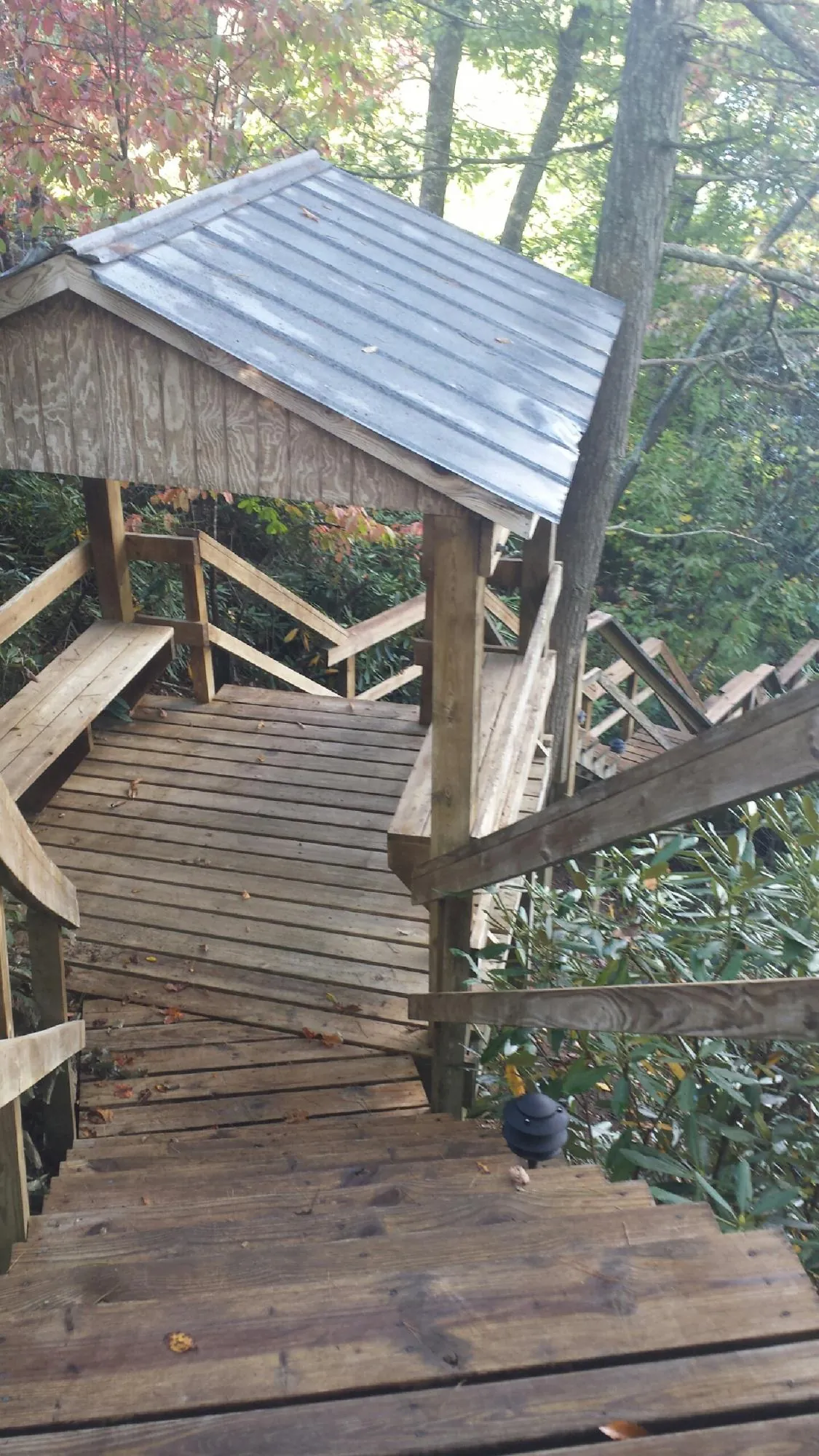 Metal roofed shelter over wooden steps on a wooded walkway — Skylight Repair & Installation work by our crew in Rowlesburg